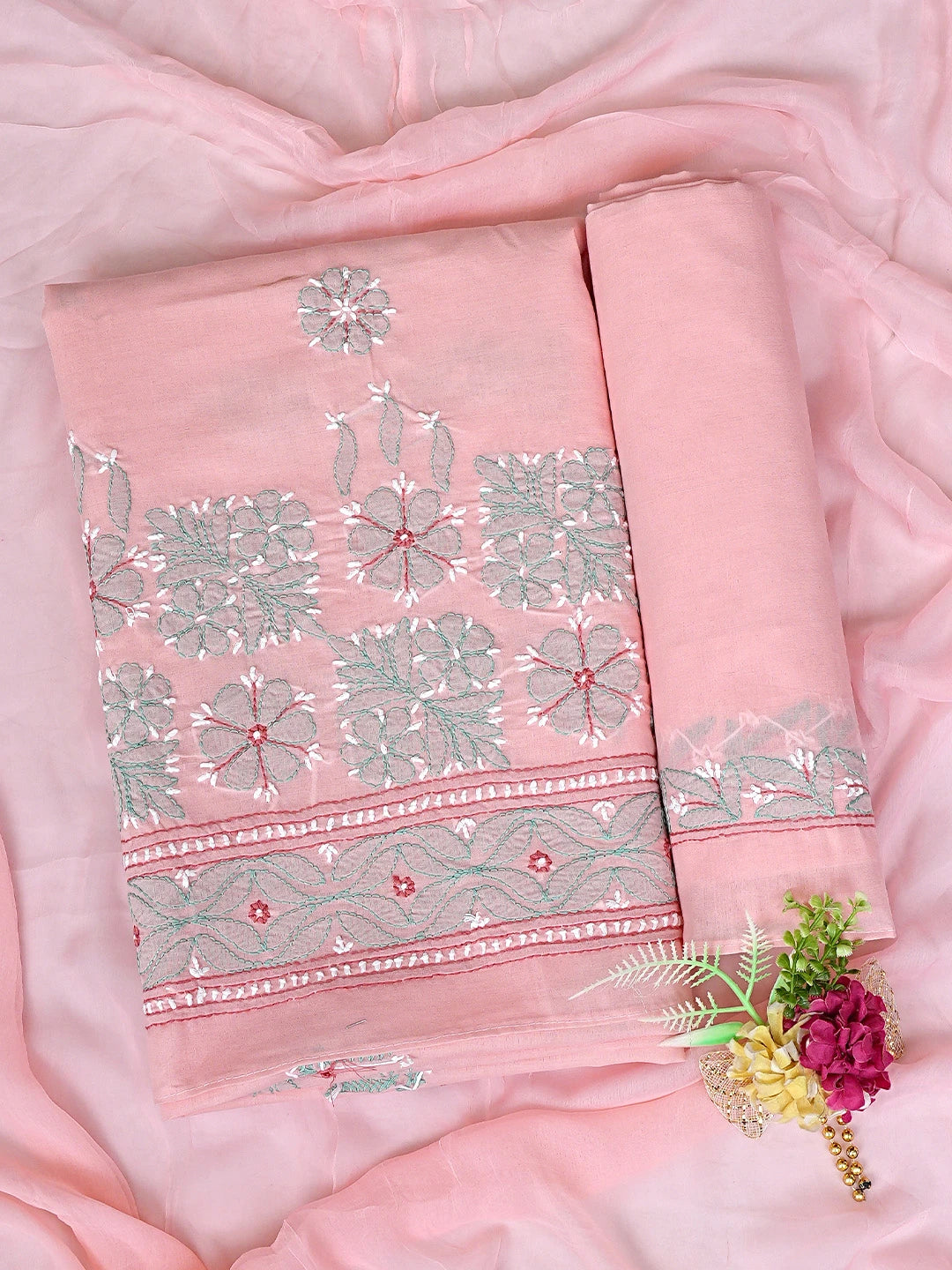 Ada Hand Embroidered Peach Cotton Lucknowi Chikankari Unstitched Suit Piece 01A882422