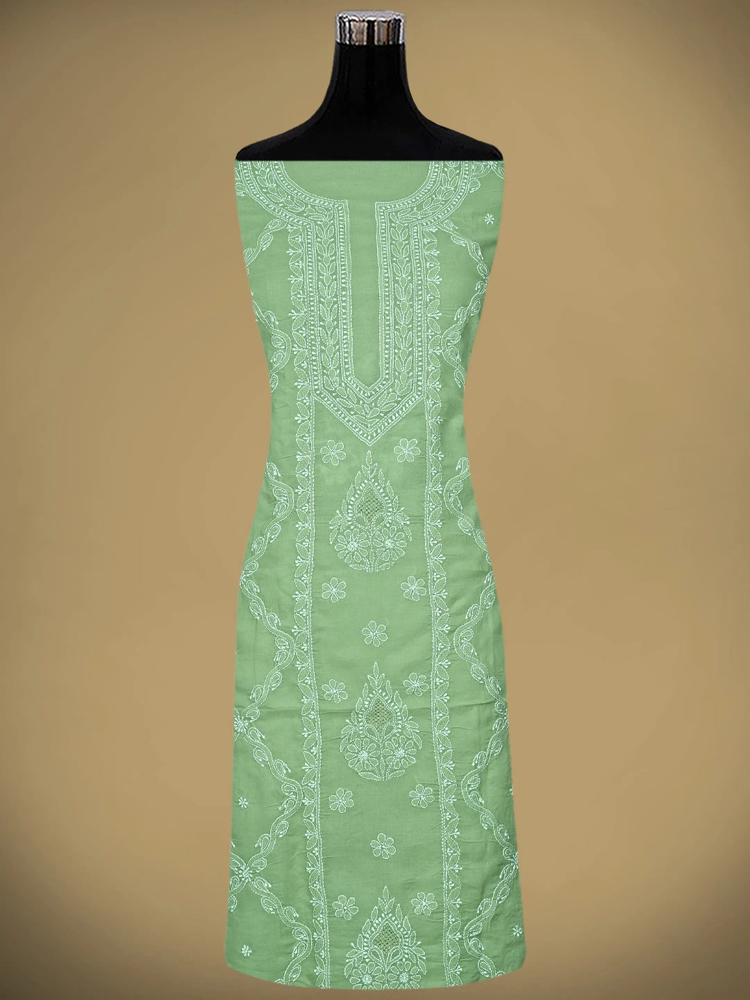 Ada Hand Embroidered Asparagus Green Cotton Lucknowi Chikankari Unstitched Suit Piece 01A869348