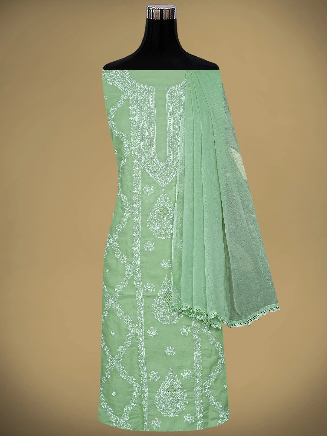 Ada Hand Embroidered Asparagus Green Cotton Lucknowi Chikankari Unstitched Suit Piece 01A869348