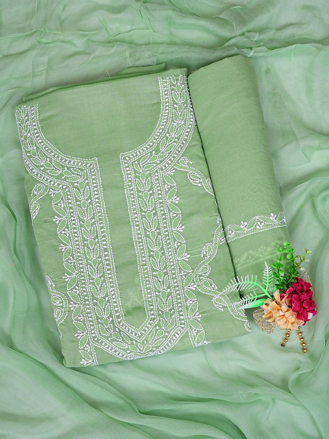 Ada Hand Embroidered Asparagus Green Cotton Lucknowi Chikankari Unstitched Suit Piece 01A869348