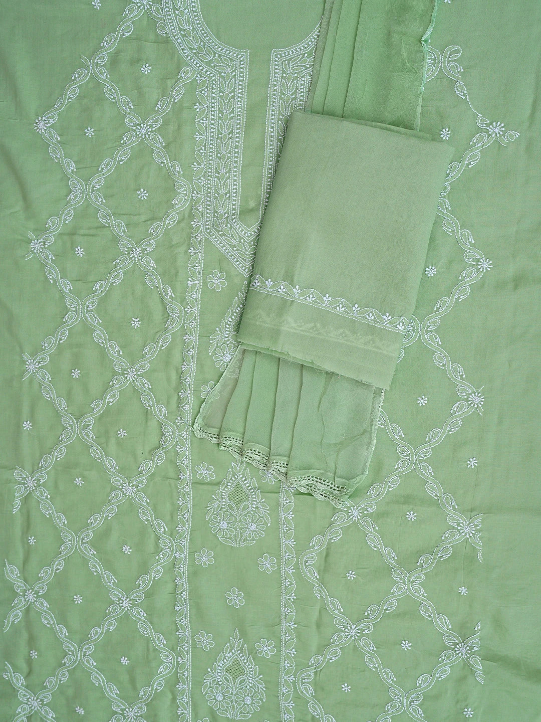 Ada Hand Embroidered Asparagus Green Cotton Lucknowi Chikankari Unstitched Suit Piece 01A869348