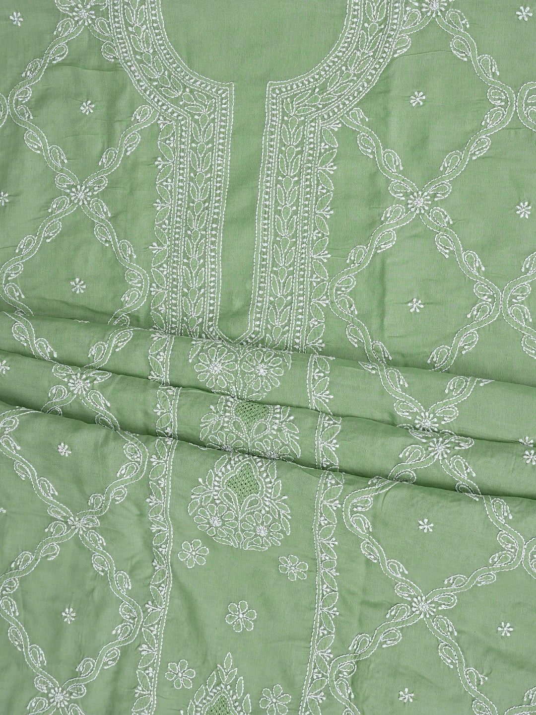 Ada Hand Embroidered Asparagus Green Cotton Lucknowi Chikankari Unstitched Suit Piece 01A869348