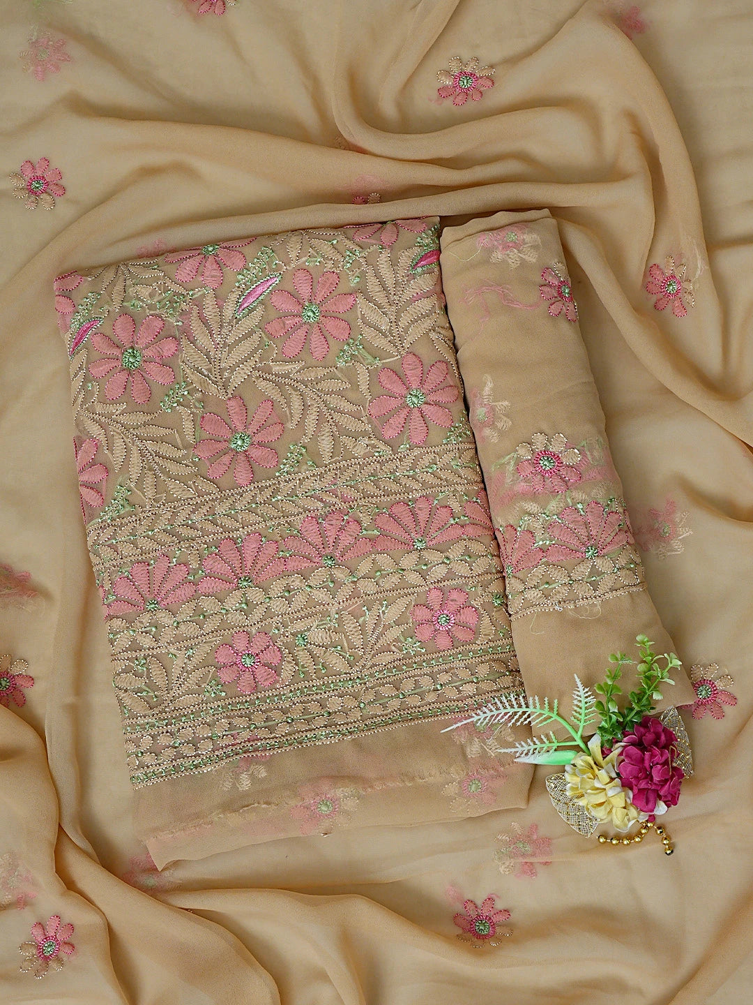 Ada Hand Embroidered Camel Brown Georgette Lucknowi Chikankari Unstitched Suit Piece 01A884045