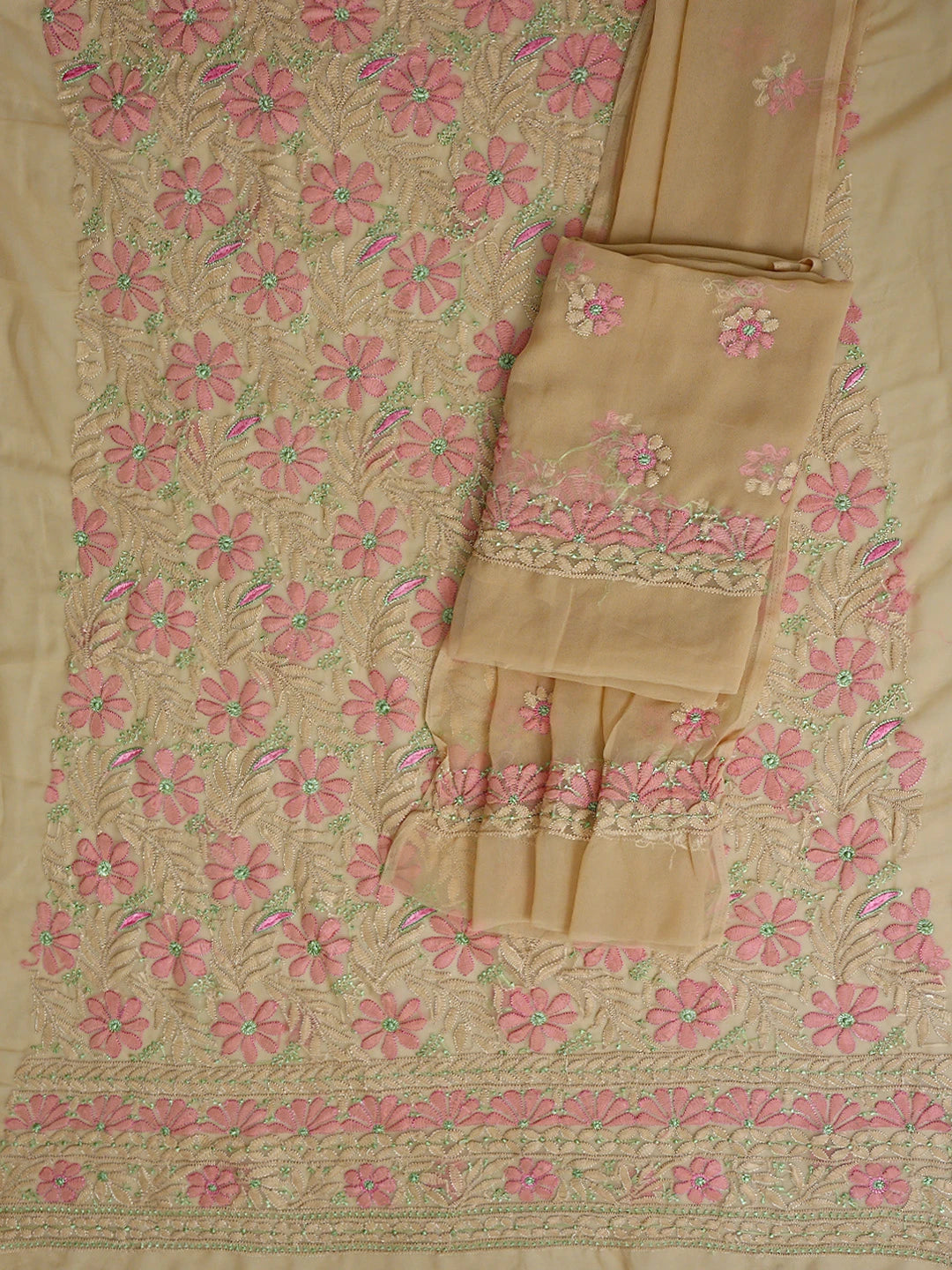 Ada Hand Embroidered Camel Brown Georgette Lucknowi Chikankari Unstitched Suit Piece 01A884045