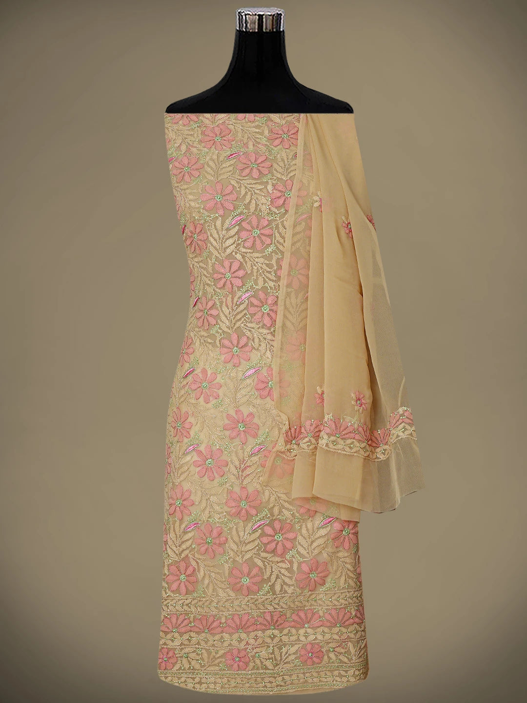 Ada Hand Embroidered Camel Brown Georgette Lucknowi Chikankari Unstitched Suit Piece 01A884045