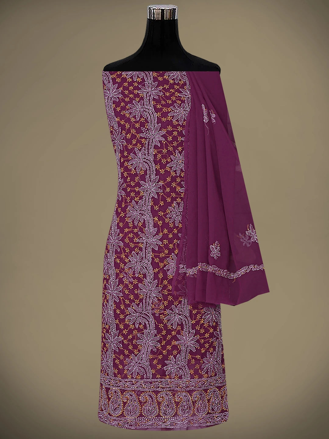 Ada Hand Embroidered Wine Georgette Lucknowi Chikankari Unstitched Suit Piece 01A872261