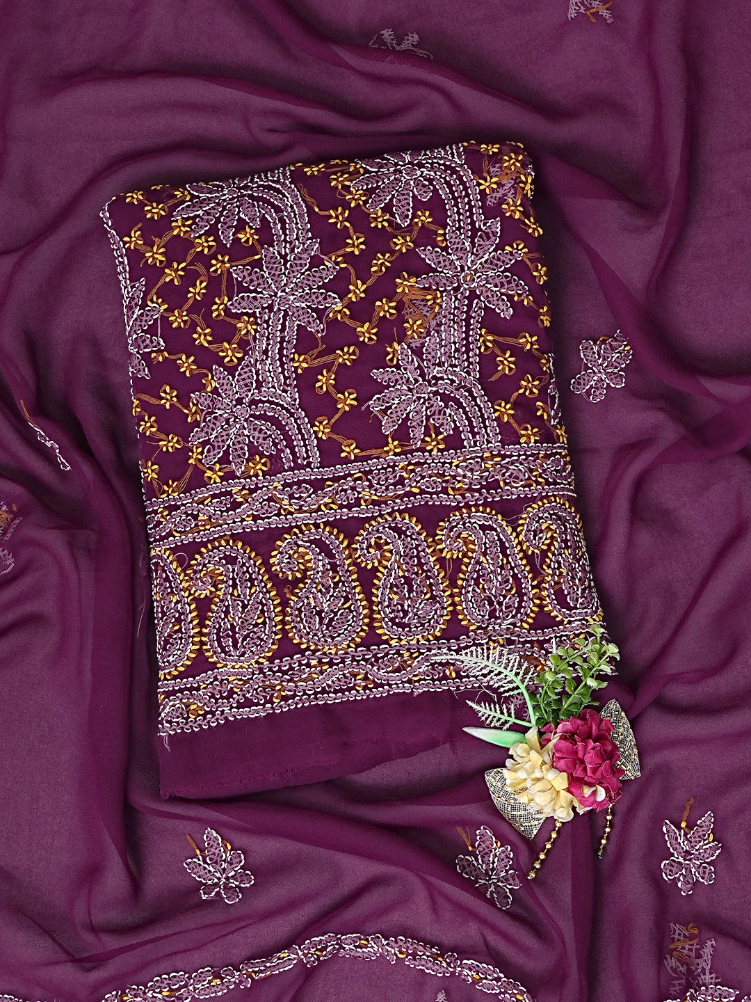 Ada Hand Embroidered Wine Georgette Lucknowi Chikankari Unstitched Suit Piece 01A872261
