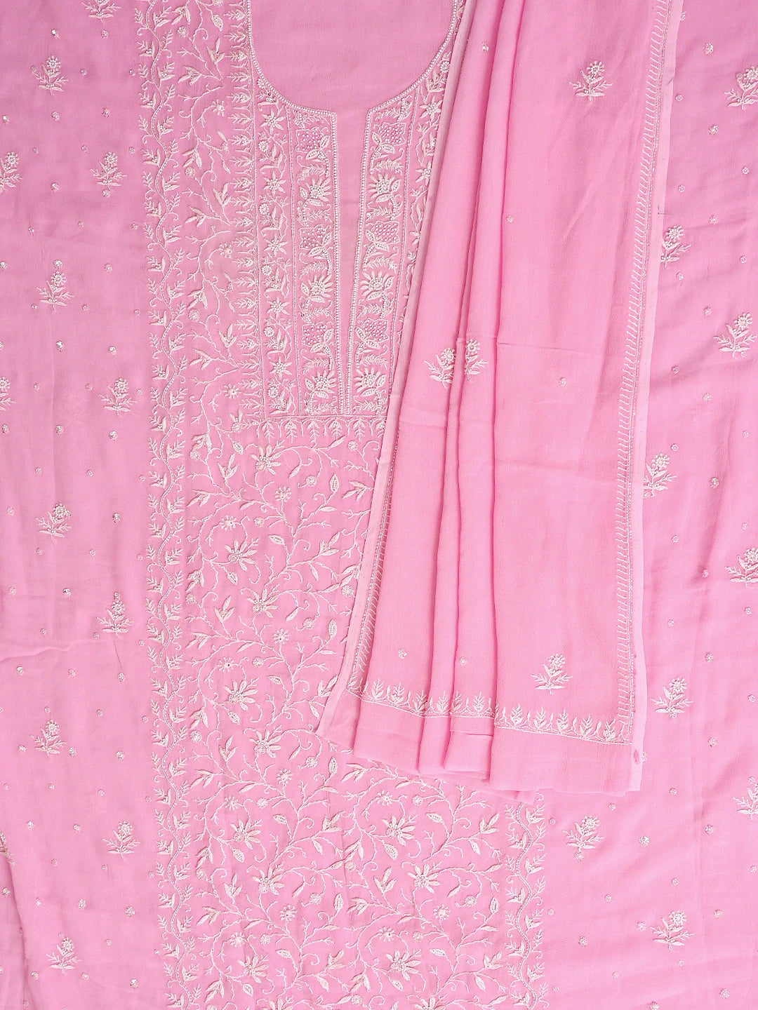 Ada Hand Embroidered Rose Pompadour Pink Viscose Georgette Lucknowi Chikankari Unstitched Kurta Dupatta Set With Cutdana Work 01A741709