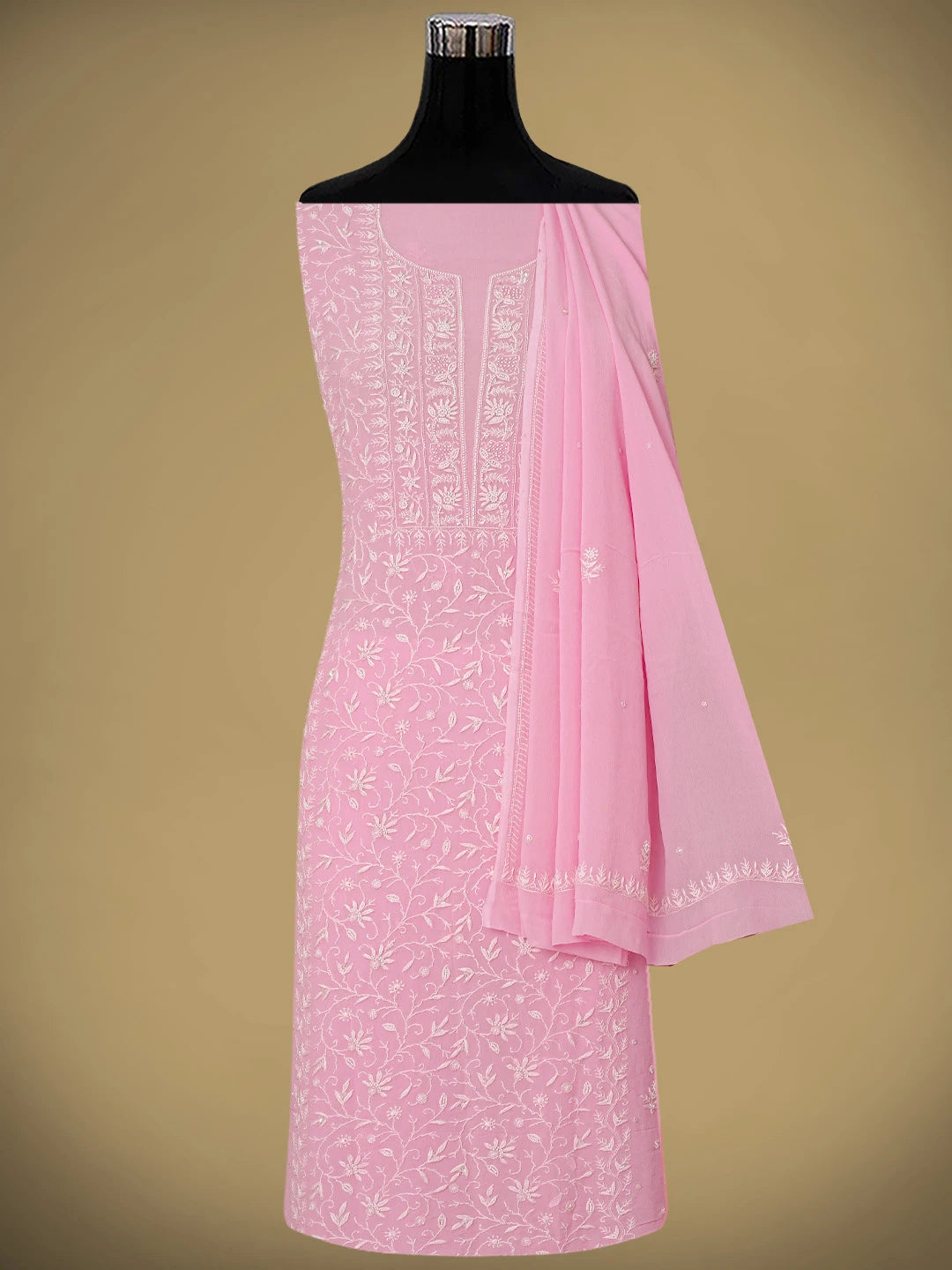 Ada Hand Embroidered Rose Pompadour Pink Viscose Georgette Lucknowi Chikankari Unstitched Kurta Dupatta Set With Cutdana Work 01A741709