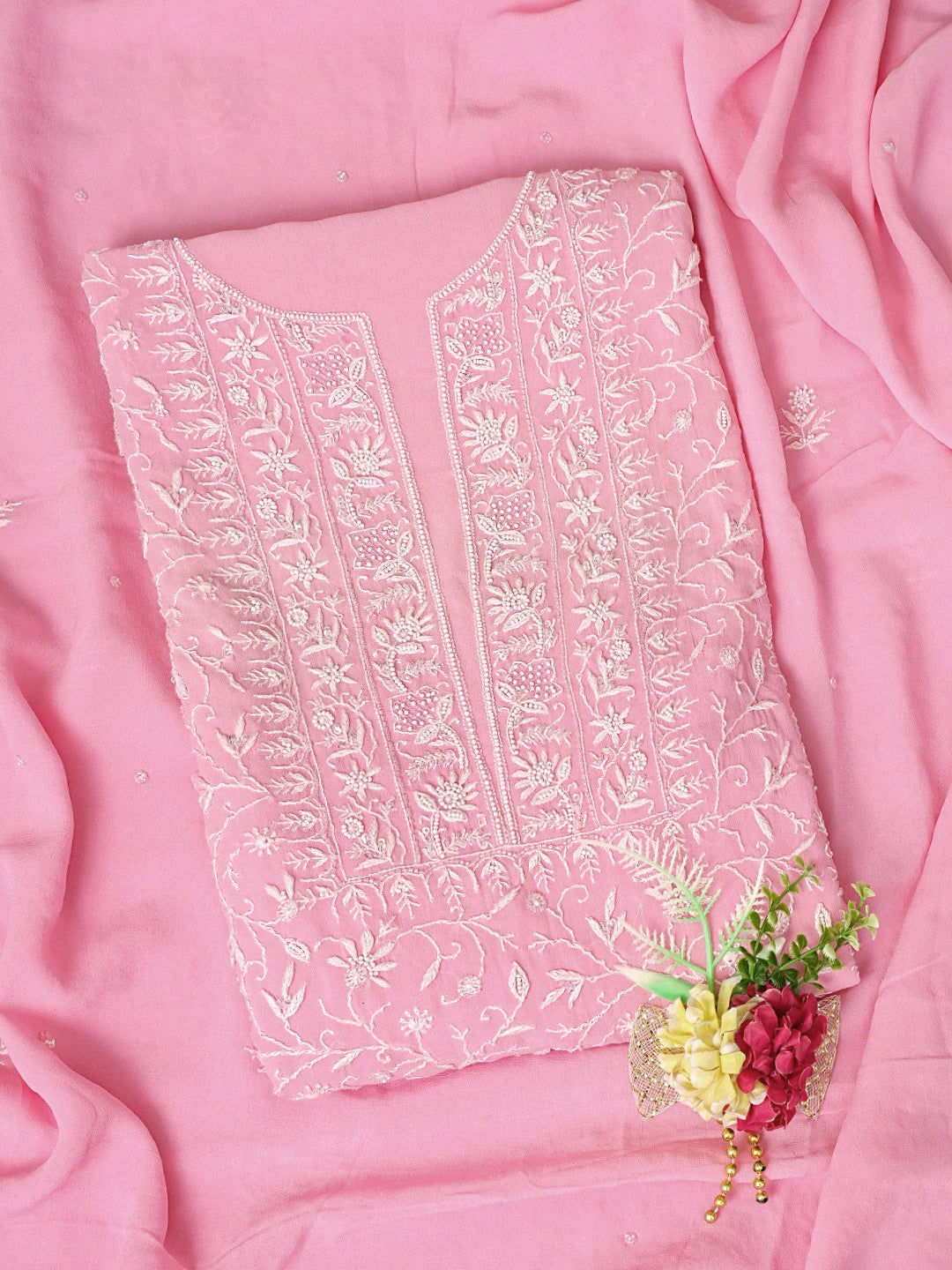 Ada Hand Embroidered Rose Pompadour Pink Viscose Georgette Lucknowi Chikankari Unstitched Kurta Dupatta Set With Cutdana Work 01A741709
