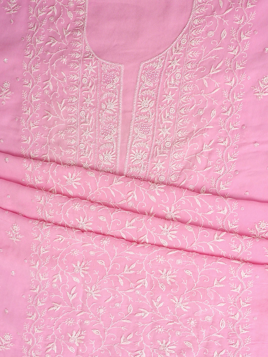 Ada Hand Embroidered Rose Pompadour Pink Viscose Georgette Lucknowi Chikankari Unstitched Kurta Dupatta Set With Cutdana Work 01A741709