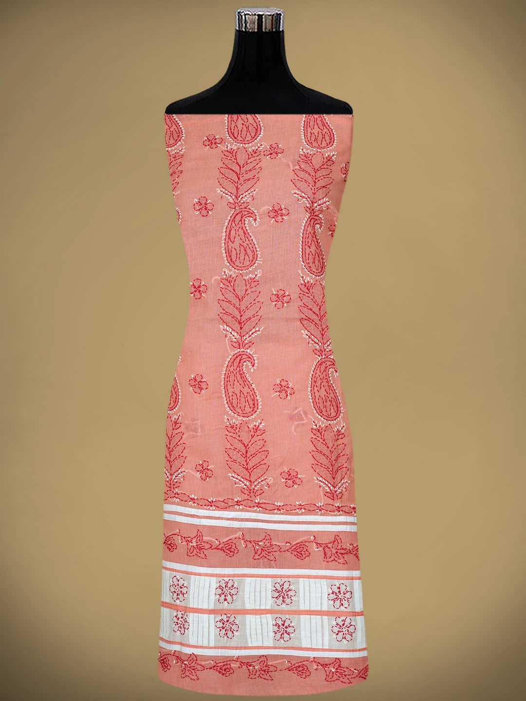 Ada Hand Embroidered Peach Cotton Lucknowi Chikankari Unstitched Suit Piece with Chiffon Dupatta 01A882738