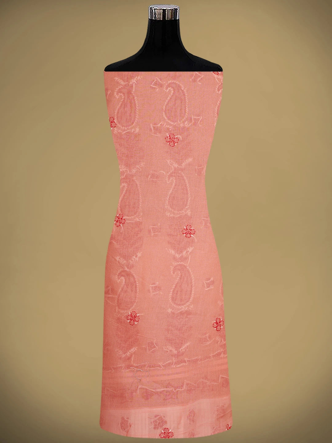 Ada Hand Embroidered Peach Cotton Lucknowi Chikankari Unstitched Suit Piece with Chiffon Dupatta 01A882738