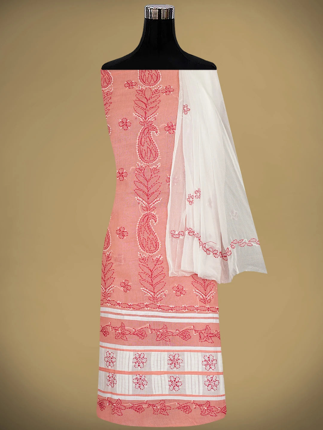 Ada Hand Embroidered Peach Cotton Lucknowi Chikankari Unstitched Suit Piece with Chiffon Dupatta 01A882738
