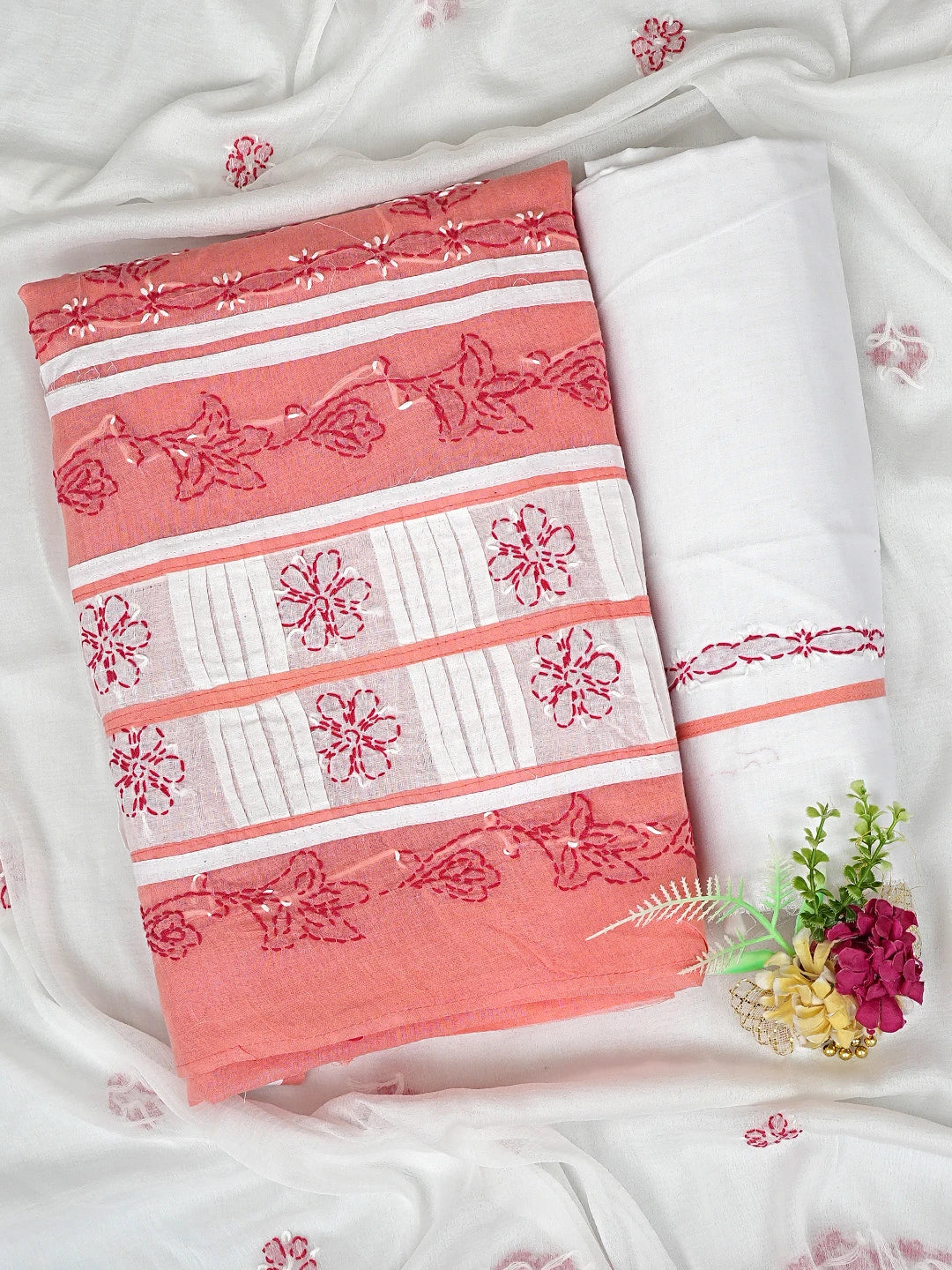Ada Hand Embroidered Peach Cotton Lucknowi Chikankari Unstitched Suit Piece with Chiffon Dupatta 01A882738