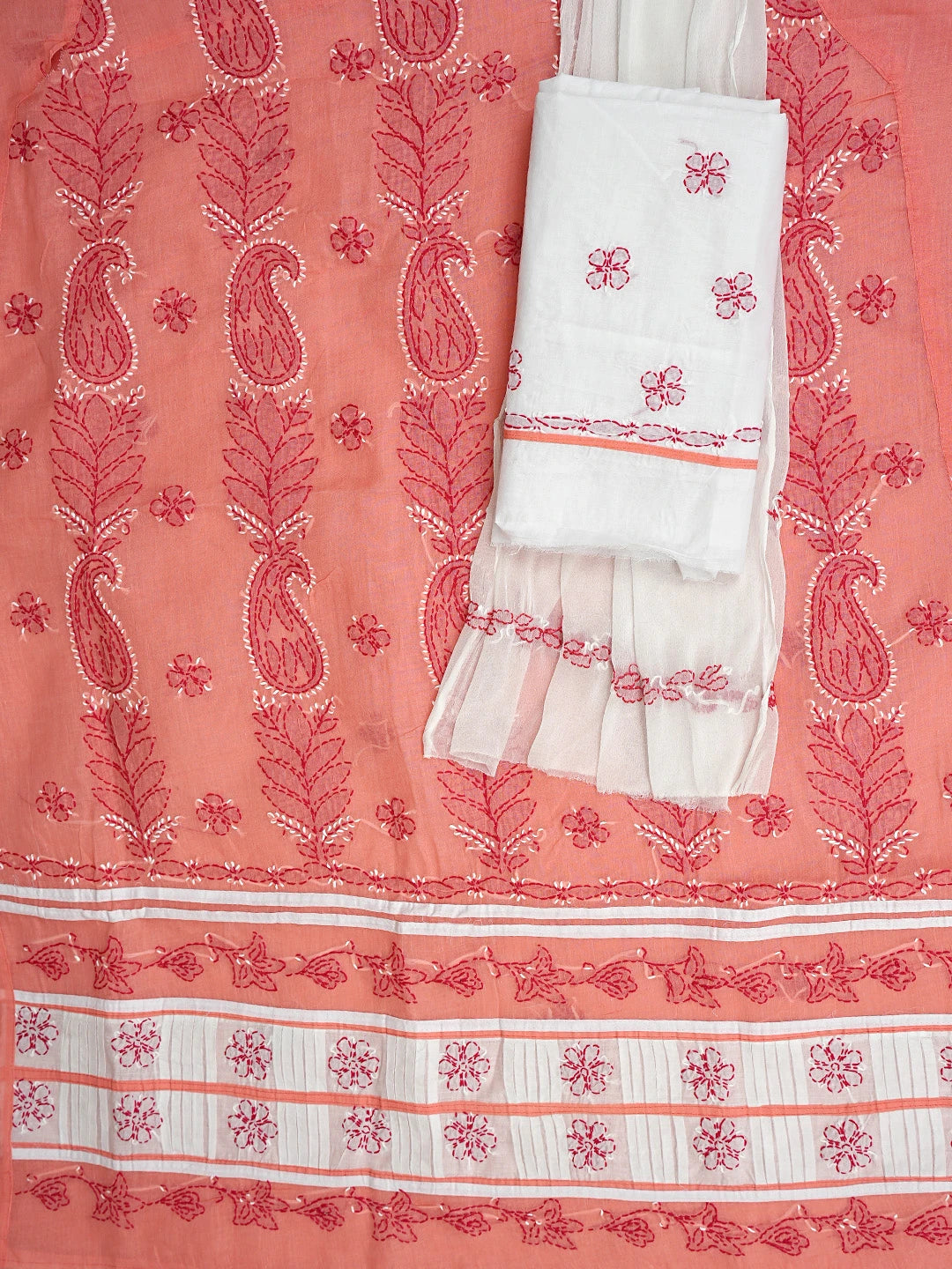 Ada Hand Embroidered Peach Cotton Lucknowi Chikankari Unstitched Suit Piece with Chiffon Dupatta 01A882738