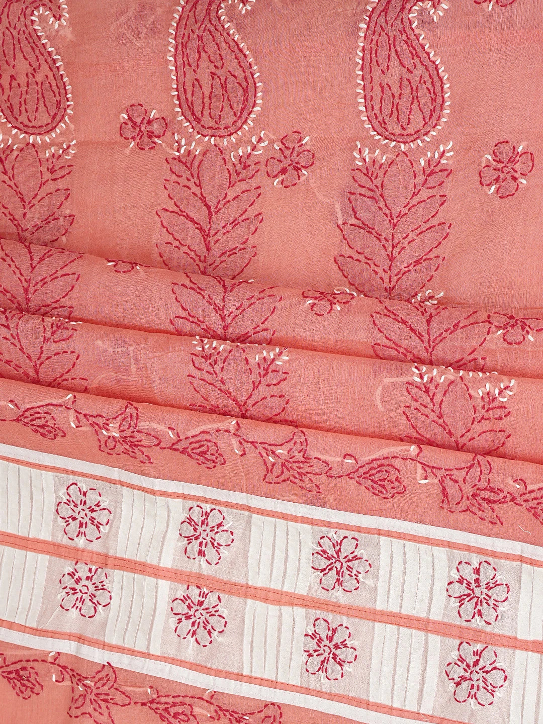 Ada Hand Embroidered Peach Cotton Lucknowi Chikankari Unstitched Suit Piece with Chiffon Dupatta 01A882738