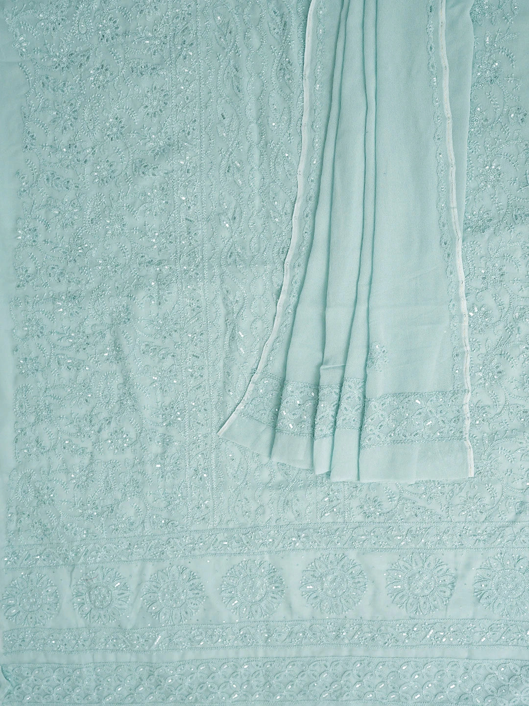 Ada Hand Embroidered Pearl Aqua Green Viscose Georgette Lucknowi Chikankari Unstitched Kurta Dupatta Set With Sequinned Work 01A811762