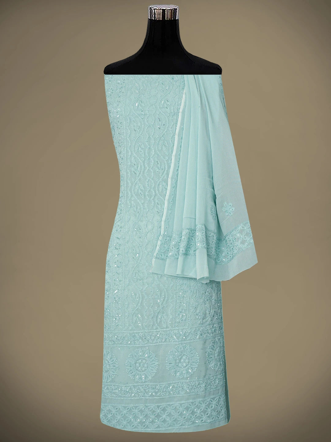 Ada Hand Embroidered Pearl Aqua Green Viscose Georgette Lucknowi Chikankari Unstitched Kurta Dupatta Set With Sequinned Work 01A811762