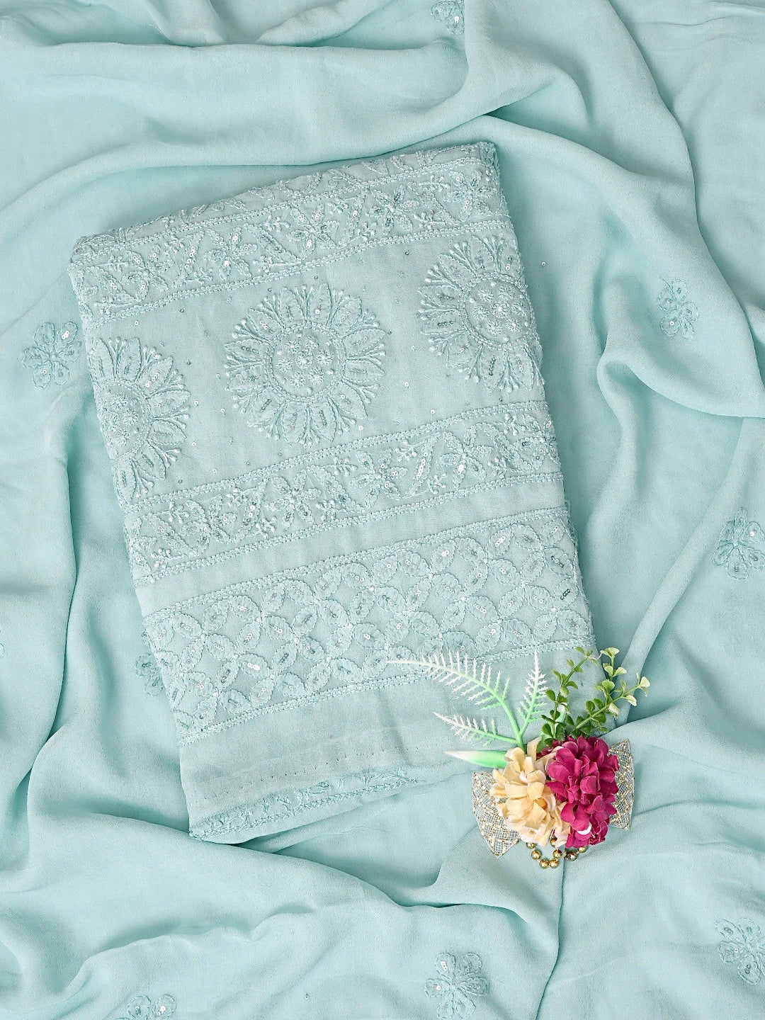 Ada Hand Embroidered Pearl Aqua Green Viscose Georgette Lucknowi Chikankari Unstitched Kurta Dupatta Set With Sequinned Work 01A811762