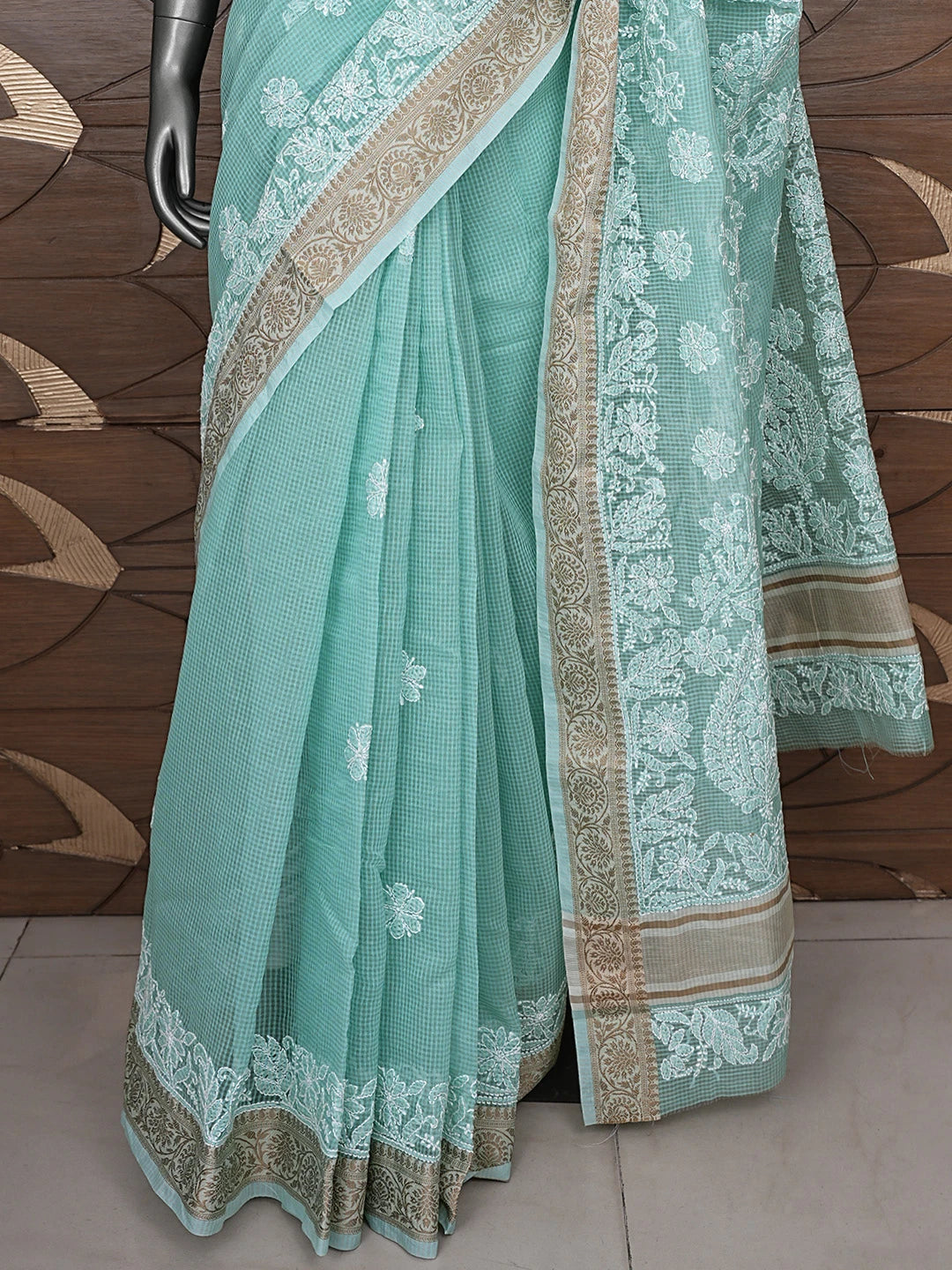 Ada Hand Embroidered Sea Green Chanderi Lucknowi Chikankari Saree With Blouse 01A869703