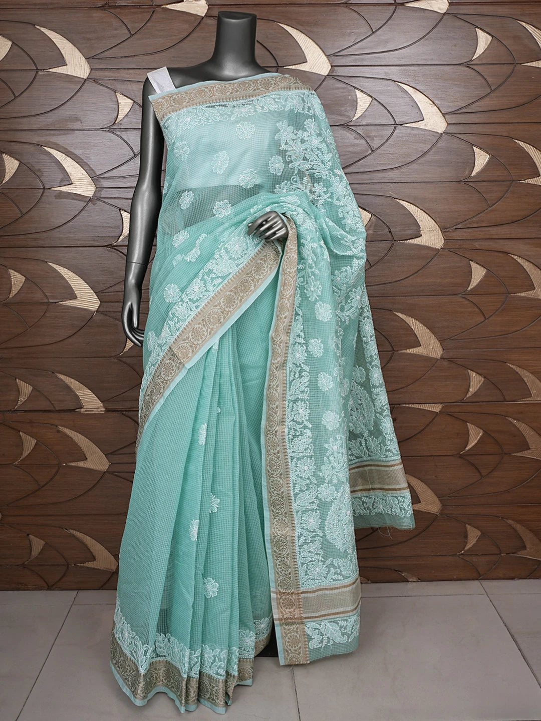 Ada Hand Embroidered Sea Green Chanderi Lucknowi Chikankari Saree With Blouse 01A869703
