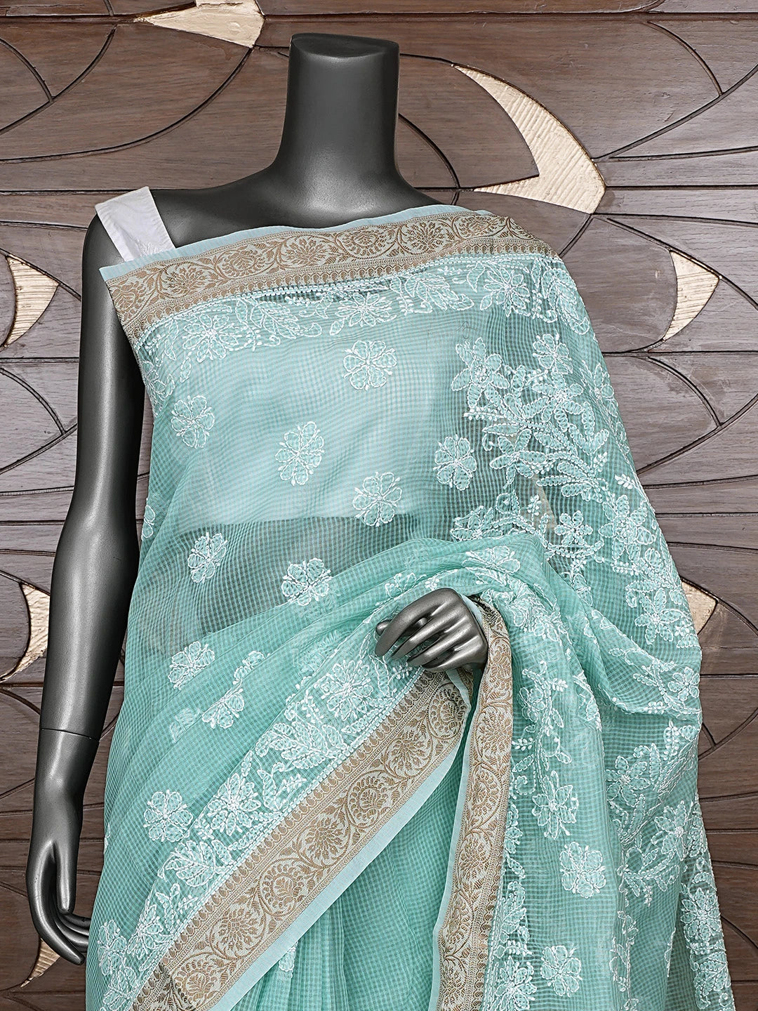 Ada Hand Embroidered Sea Green Chanderi Lucknowi Chikankari Saree With Blouse 01A869703