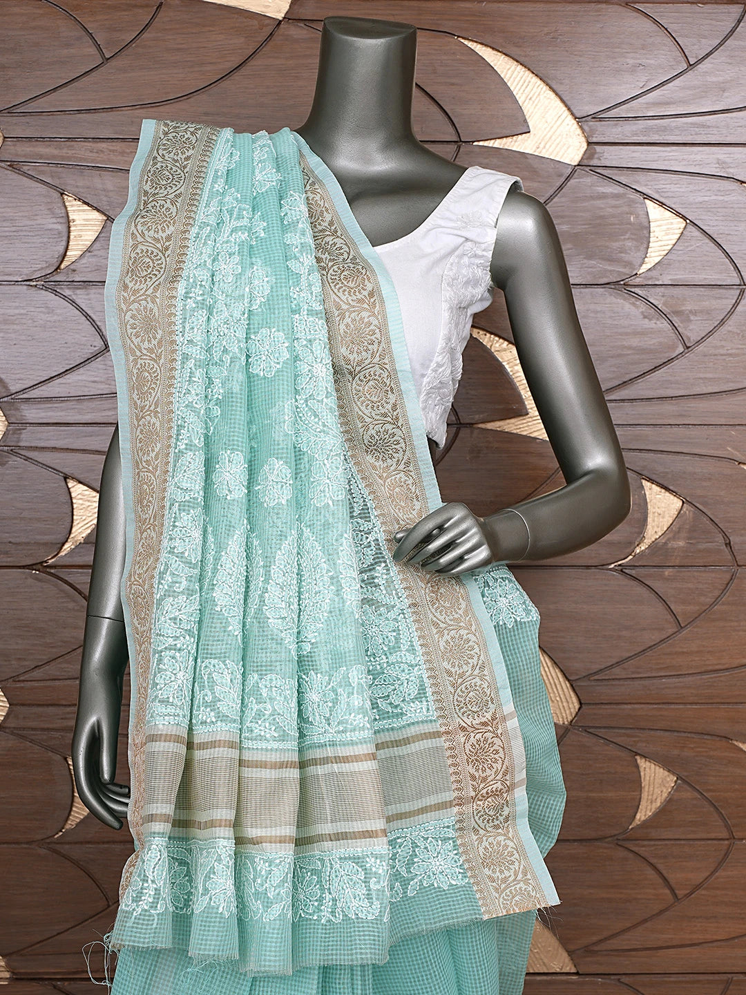 Ada Hand Embroidered Sea Green Chanderi Lucknowi Chikankari Saree With Blouse 01A869703