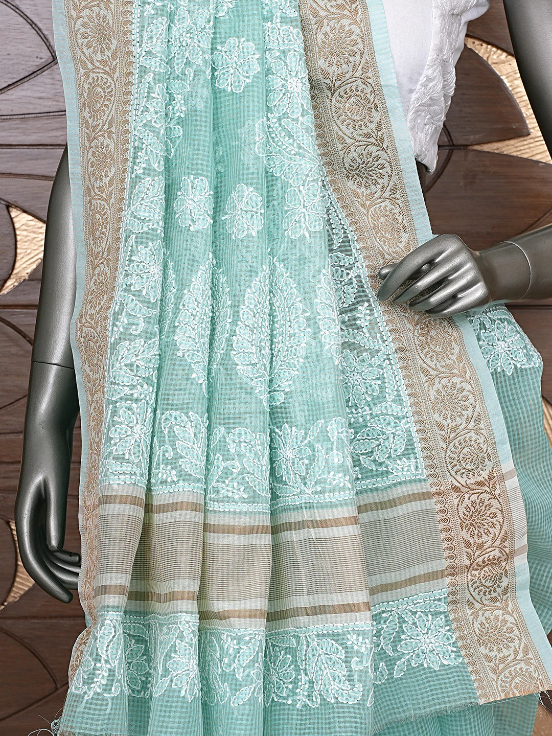 Ada Hand Embroidered Sea Green Chanderi Lucknowi Chikankari Saree With Blouse 01A869703