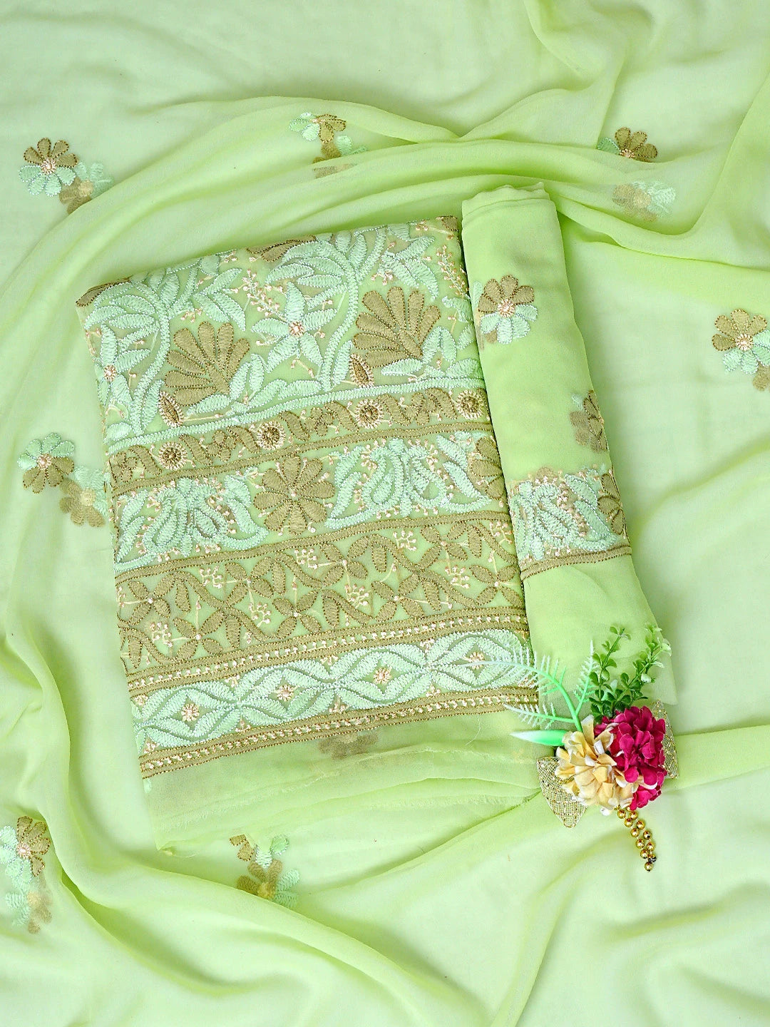 Ada Hand Embroidered Green Georgette Lucknowi Chikankari Unstitched Suit Piece 01A896008