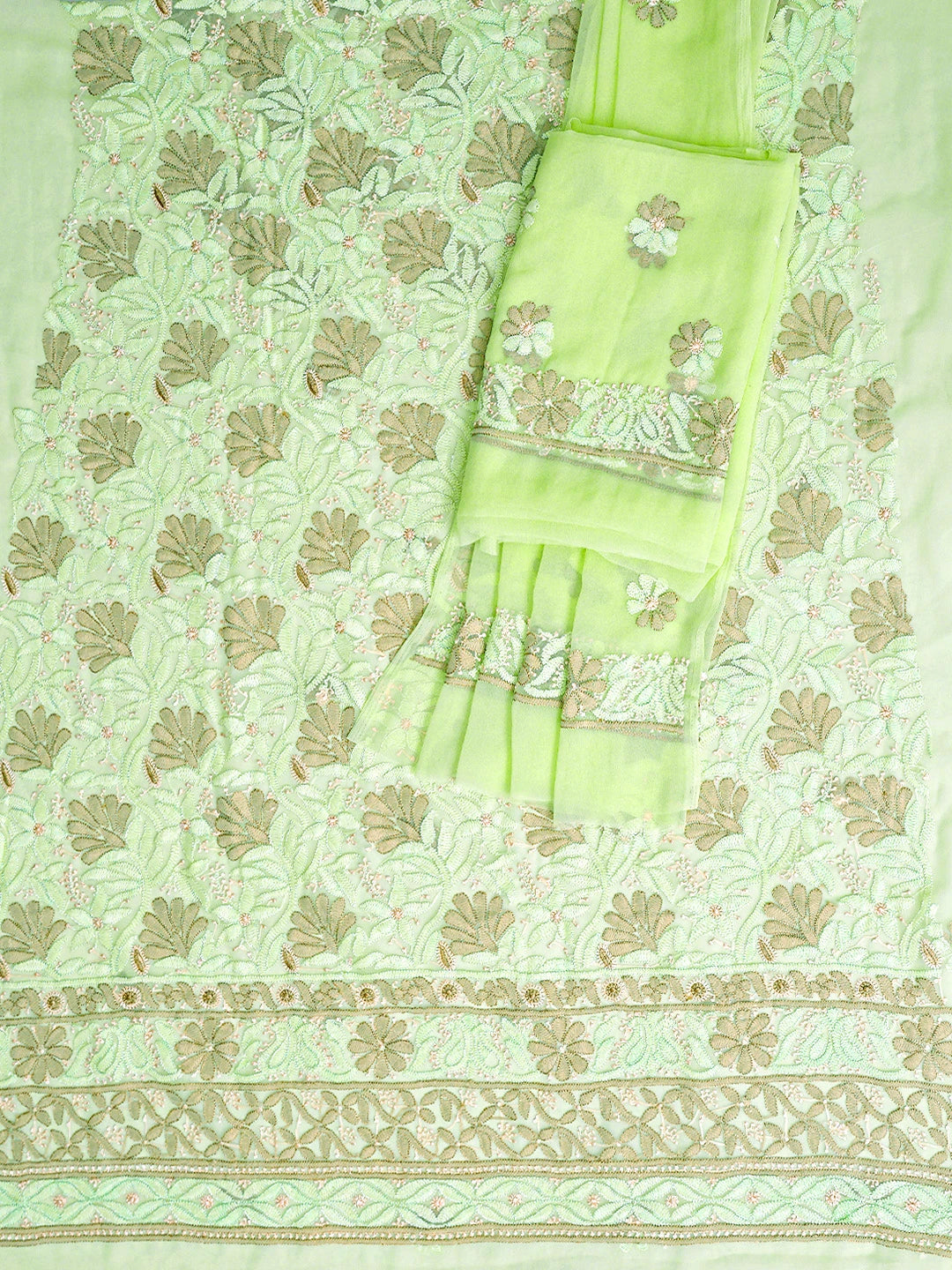Ada Hand Embroidered Green Georgette Lucknowi Chikankari Unstitched Suit Piece 01A896008