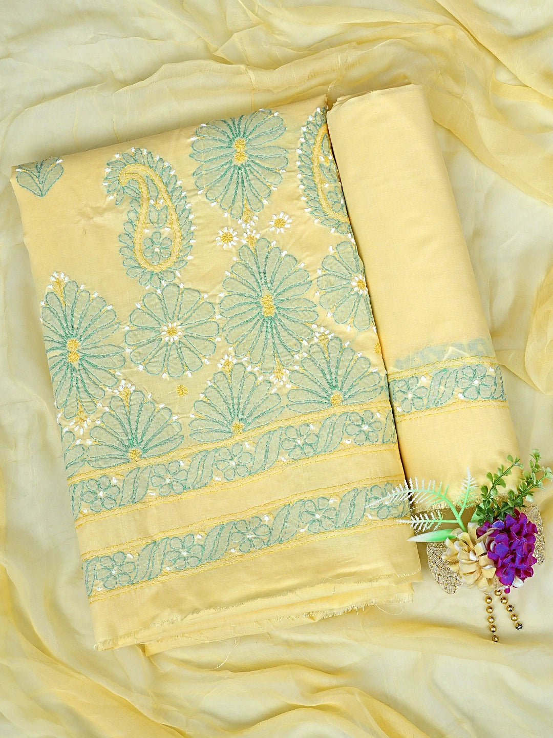 Ada Hand Embroidered Yellow Cotton Lucknowi Chikankari Unstitched Suit Piece 01A879364