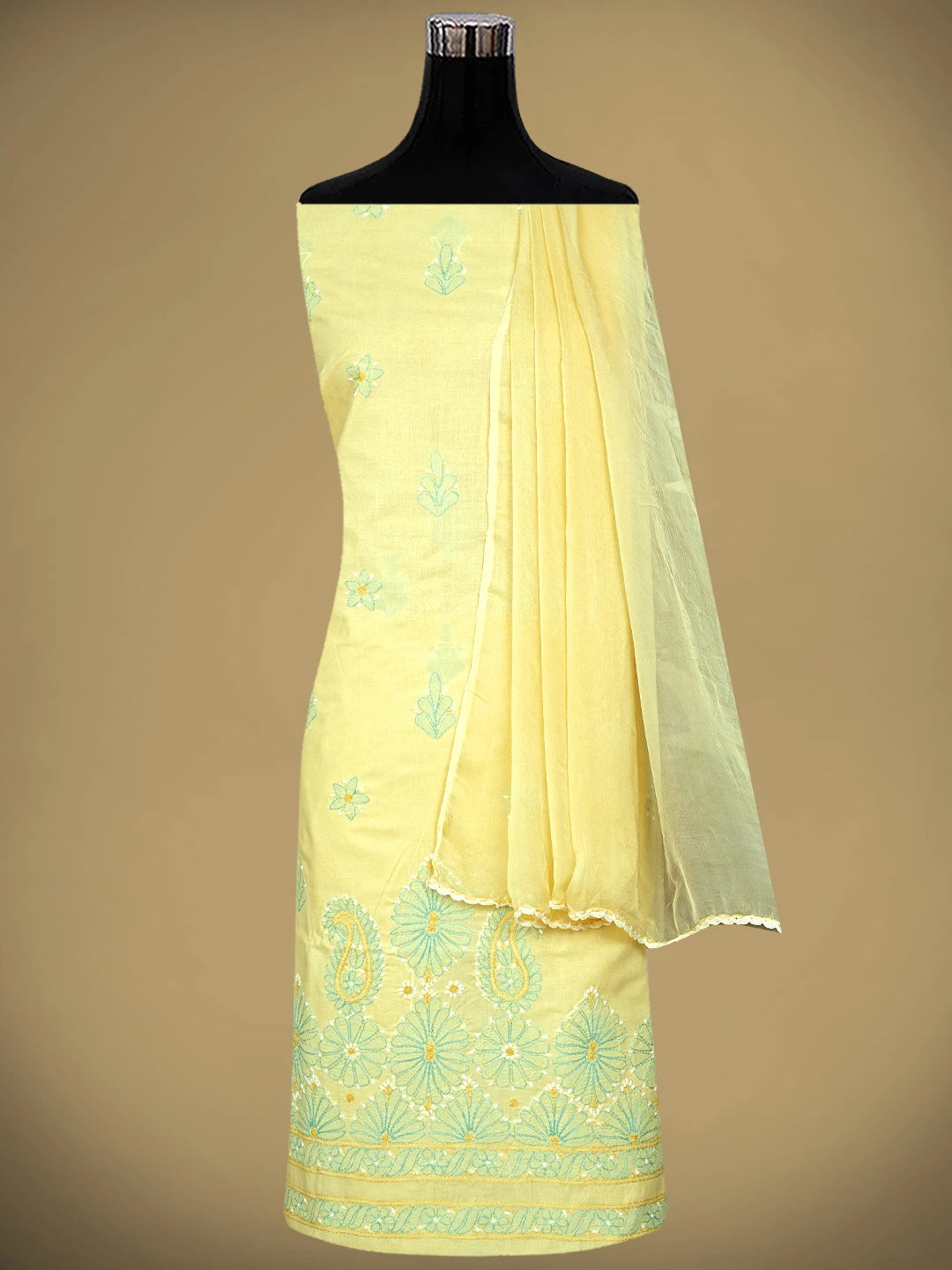 Ada Hand Embroidered Yellow Cotton Lucknowi Chikankari Unstitched Suit Piece 01A879364
