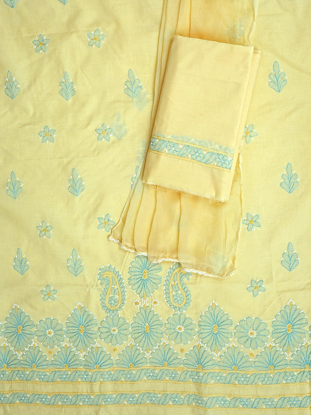 Ada Hand Embroidered Yellow Cotton Lucknowi Chikankari Unstitched Suit Piece 01A879364
