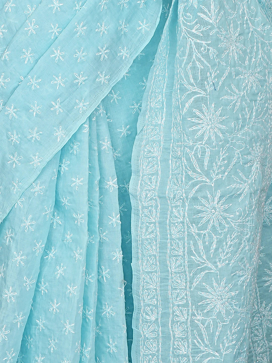 Ada Hand Embroidered Blue Cotton Lucknowi Chikankari Saree With Blouse 01A873377
