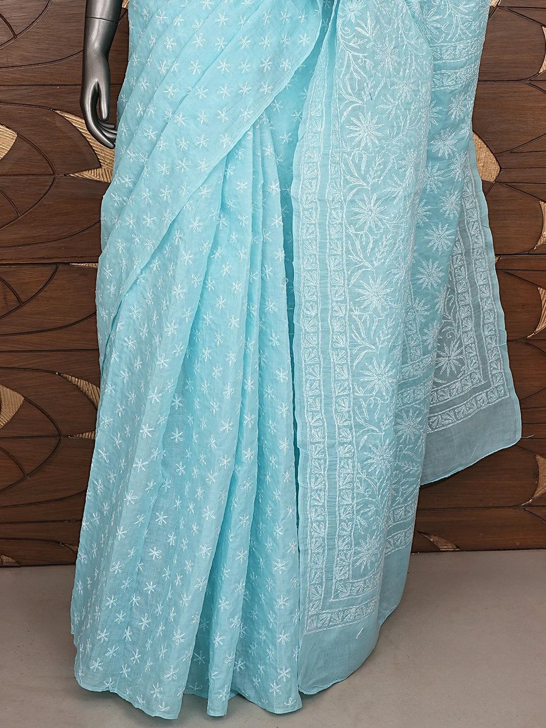 Ada Hand Embroidered Blue Cotton Lucknowi Chikankari Saree With Blouse 01A873377