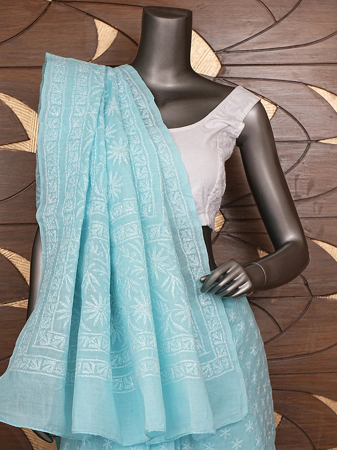 Ada Hand Embroidered Blue Cotton Lucknowi Chikankari Saree With Blouse 01A873377