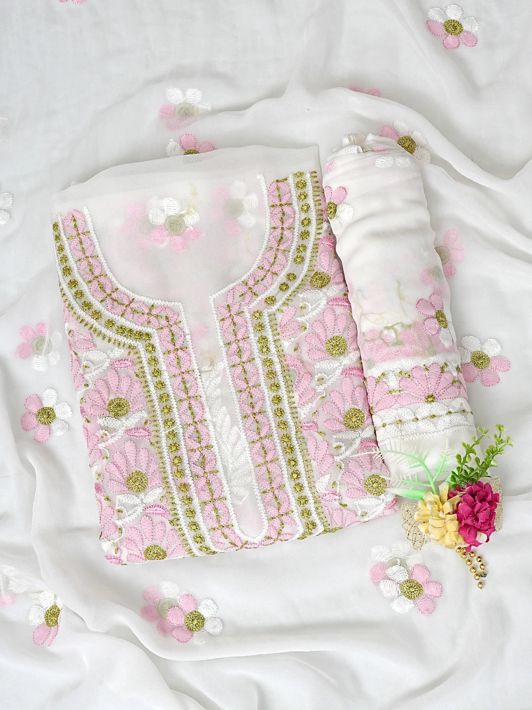 Ada Hand Embroidered Floral White Georgette Lucknowi Chikankari Unstitched Suit Piece 01A884035
