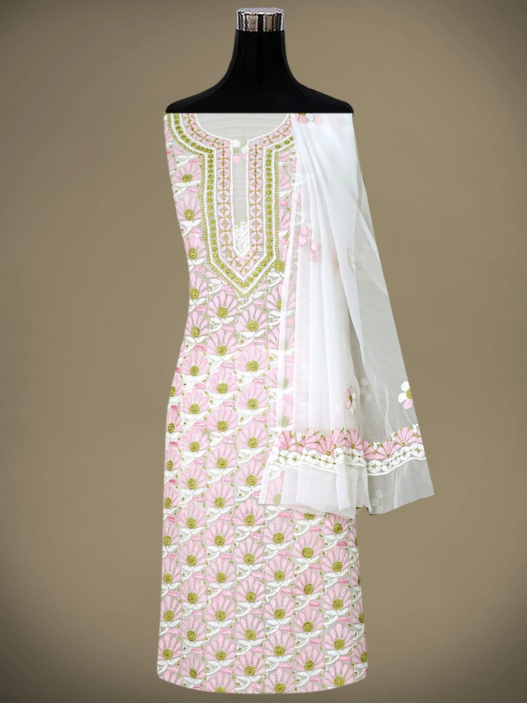 Ada Hand Embroidered Floral White Georgette Lucknowi Chikankari Unstitched Suit Piece 01A884035