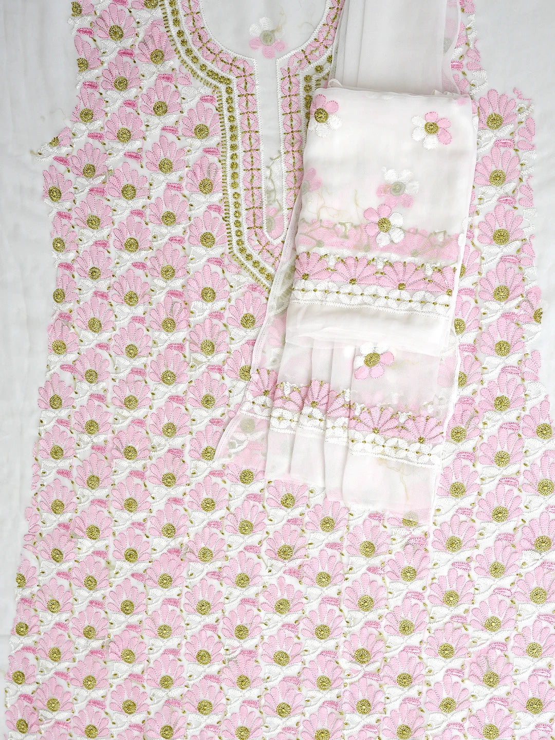 Ada Hand Embroidered Floral White Georgette Lucknowi Chikankari Unstitched Suit Piece 01A884035