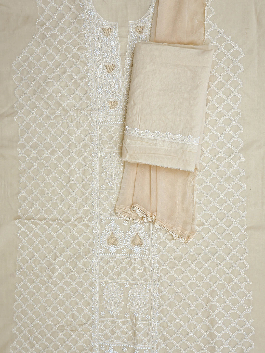 Ada Hand Embroidered Fawn Cotton Lucknowi Chikankari Unstitched Suit Piece 01A869321