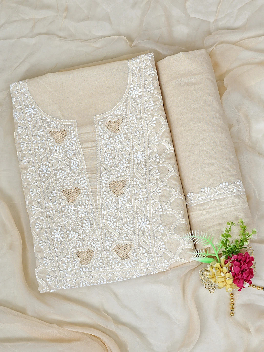 Ada Hand Embroidered Fawn Cotton Lucknowi Chikankari Unstitched Suit Piece 01A869321