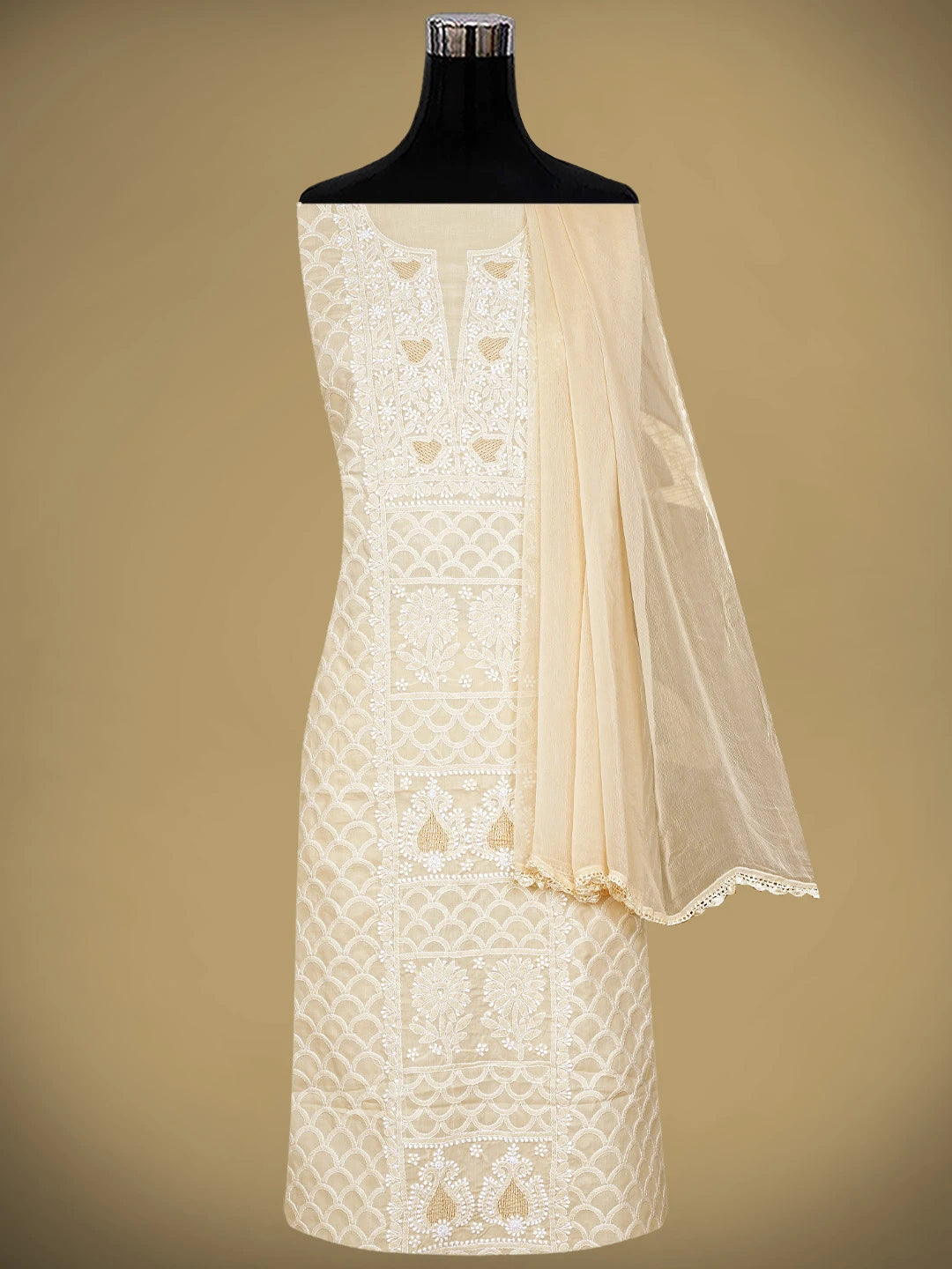 Ada Hand Embroidered Fawn Cotton Lucknowi Chikankari Unstitched Suit Piece 01A869321