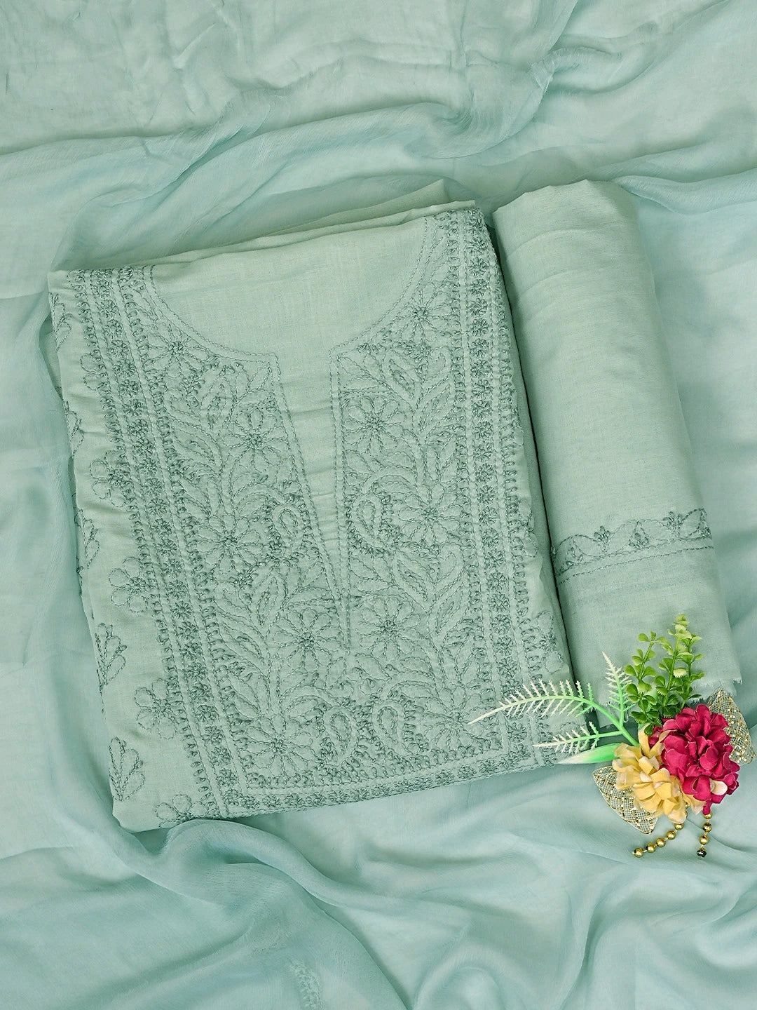 Ada Hand Embroidered Ash Grey Cotton Lucknowi Chikankari Unstitched Suit Piece 01A869396