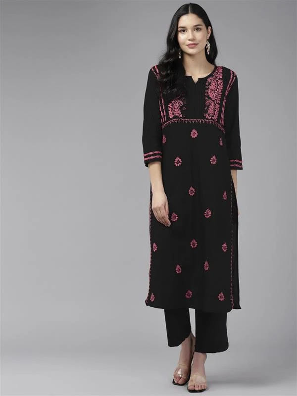 Ada Hand Embroidered Black Cotton Lucknowi Chikankari Straight Kurta A411435