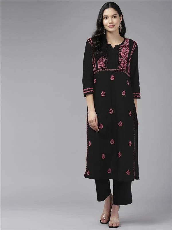 Ada Hand Embroidered Black Cotton Lucknowi Chikankari Straight Kurta A411435