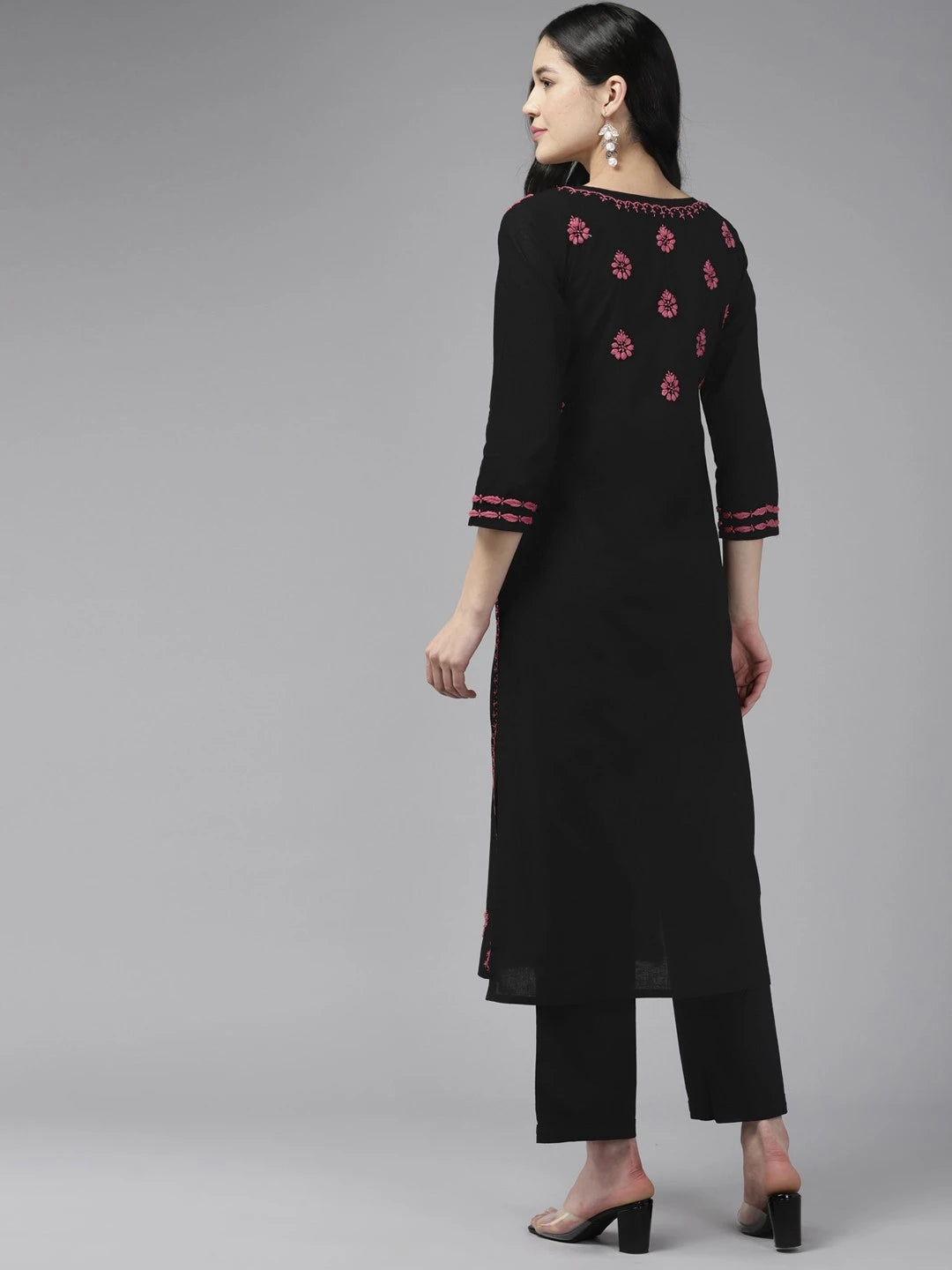 Ada Hand Embroidered Black Cotton Lucknowi Chikankari Straight Kurta A411435
