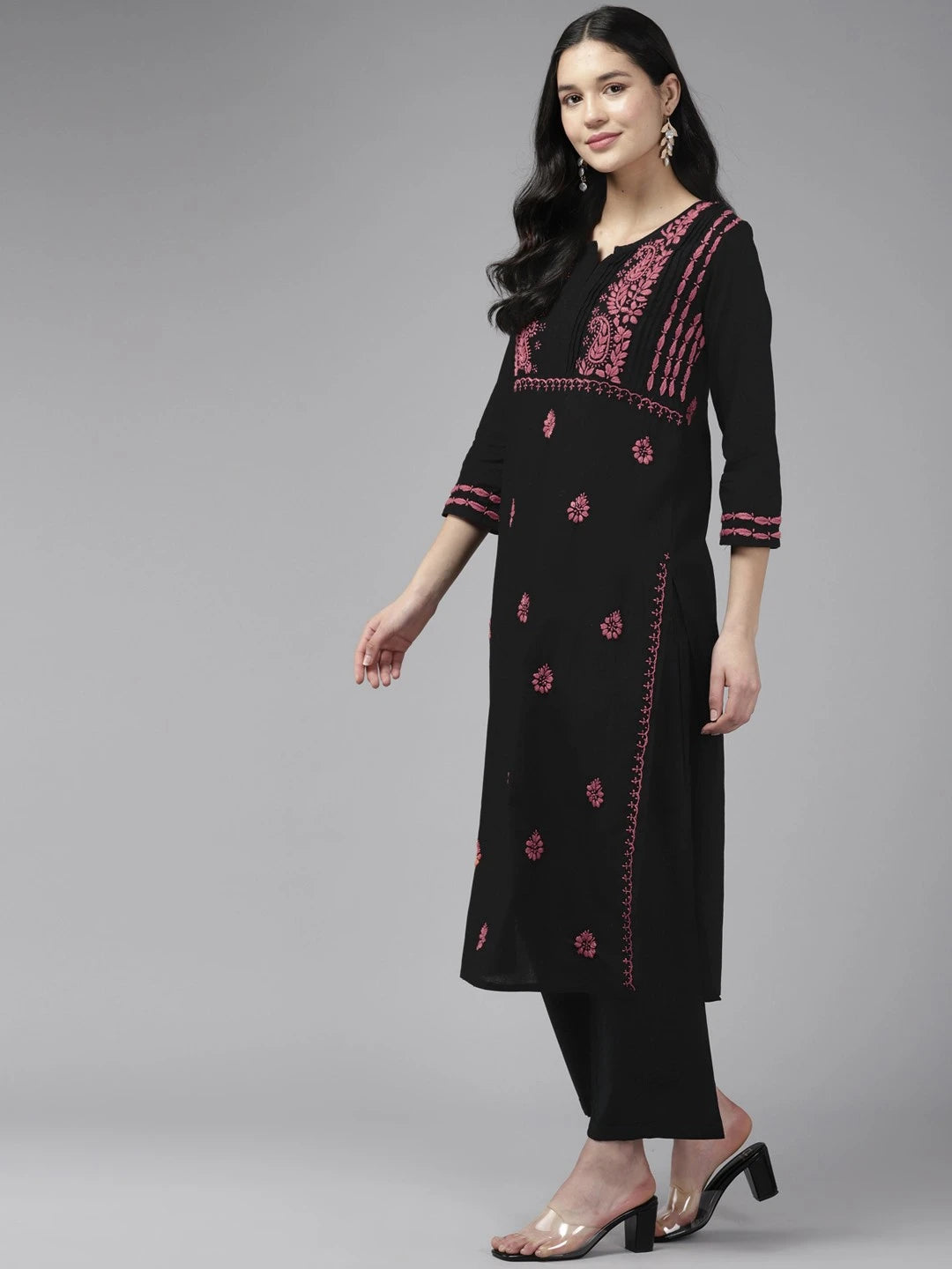 Ada Hand Embroidered Black Cotton Lucknowi Chikankari Straight Kurta A411435