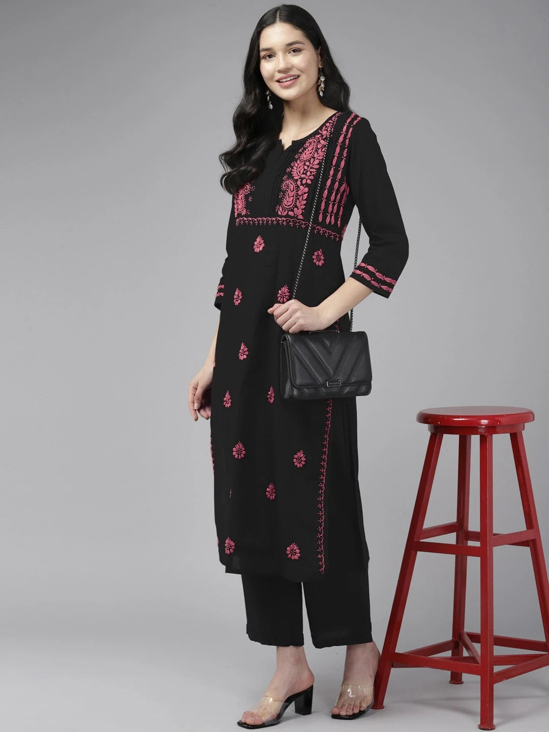 Ada Hand Embroidered Black Cotton Lucknowi Chikankari Straight Kurta A411435