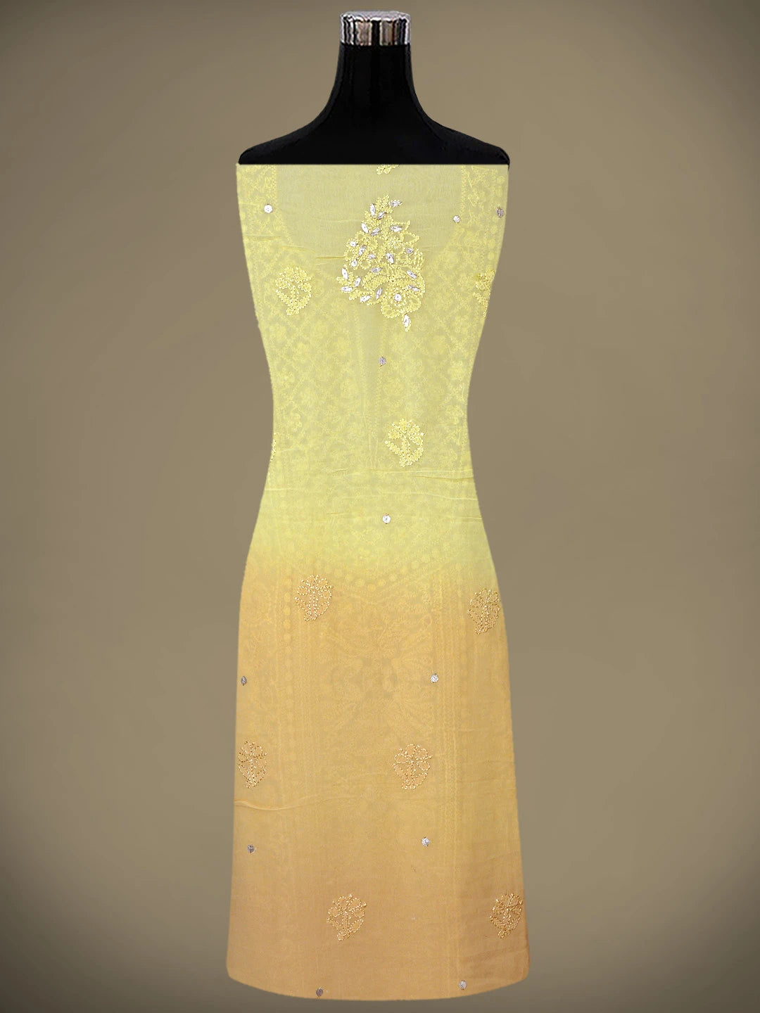 Ada Hand Embroidered Ombre Shade Of Naples Yellow &  Gold (Metallic) Viscose Georgette Lucknowi Chikankari Unstitched Kurta Dupatta Set With Gota Patti Work 01A809597